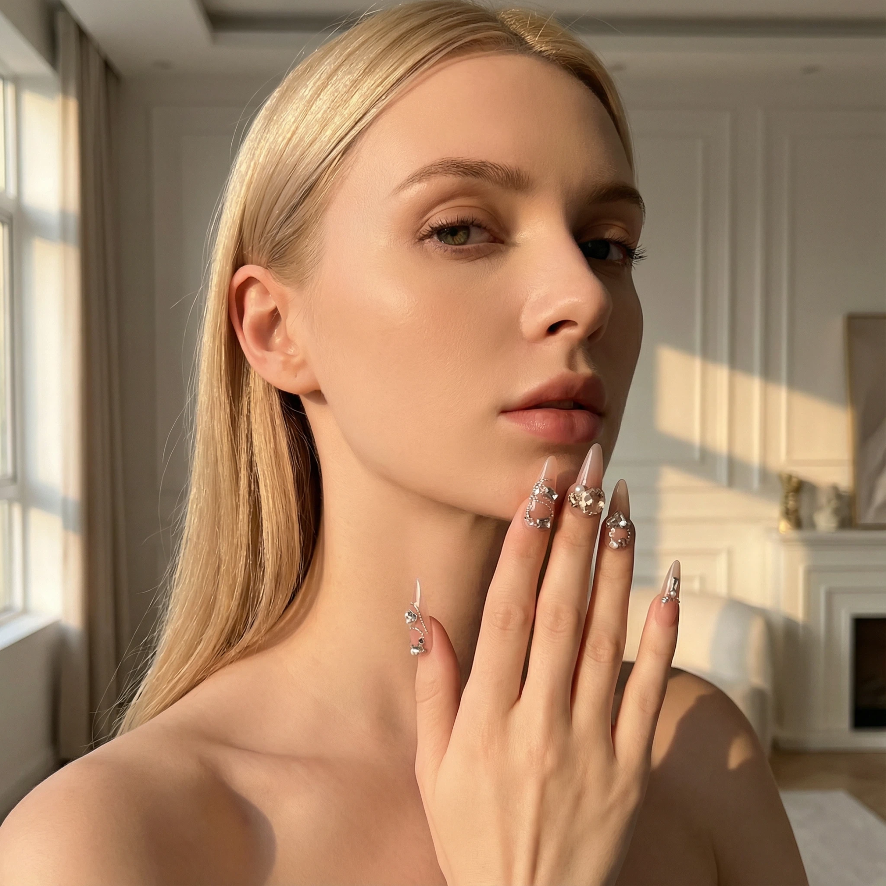 Blonde model posing with nude pink rhinestone long stiletto press on nails in soft daylight.