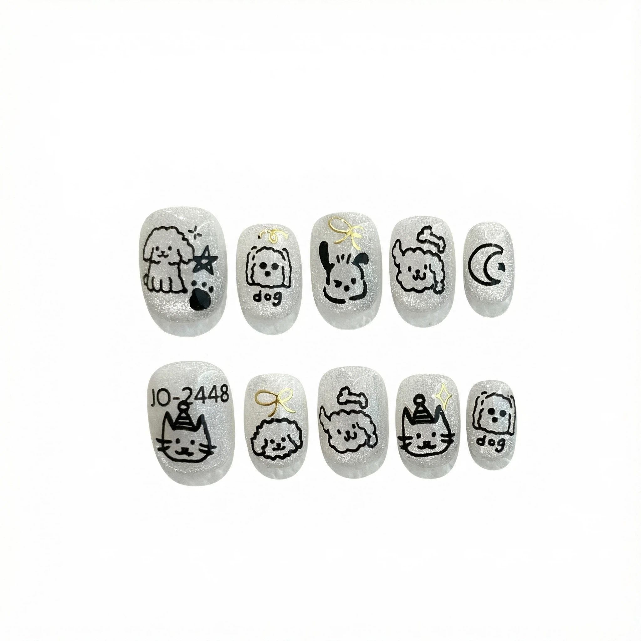 10-piece cat-themed press-on nail set, black doodle on milky base, reusable