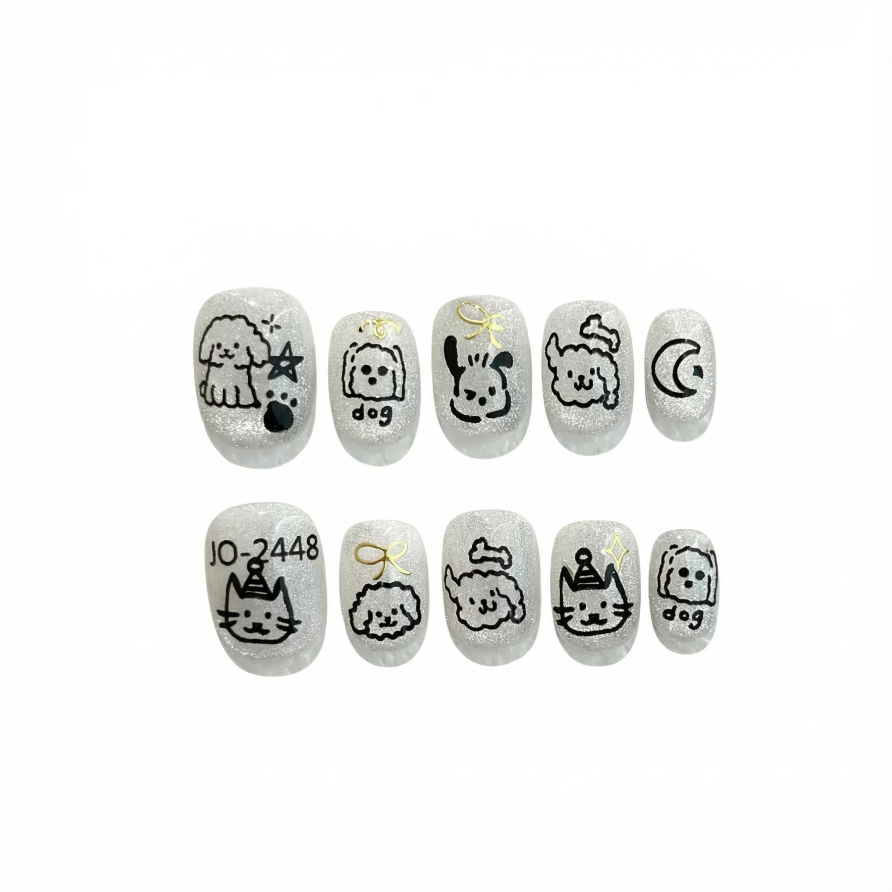 silver glitter short square press on nails with cute cat and dog doodles