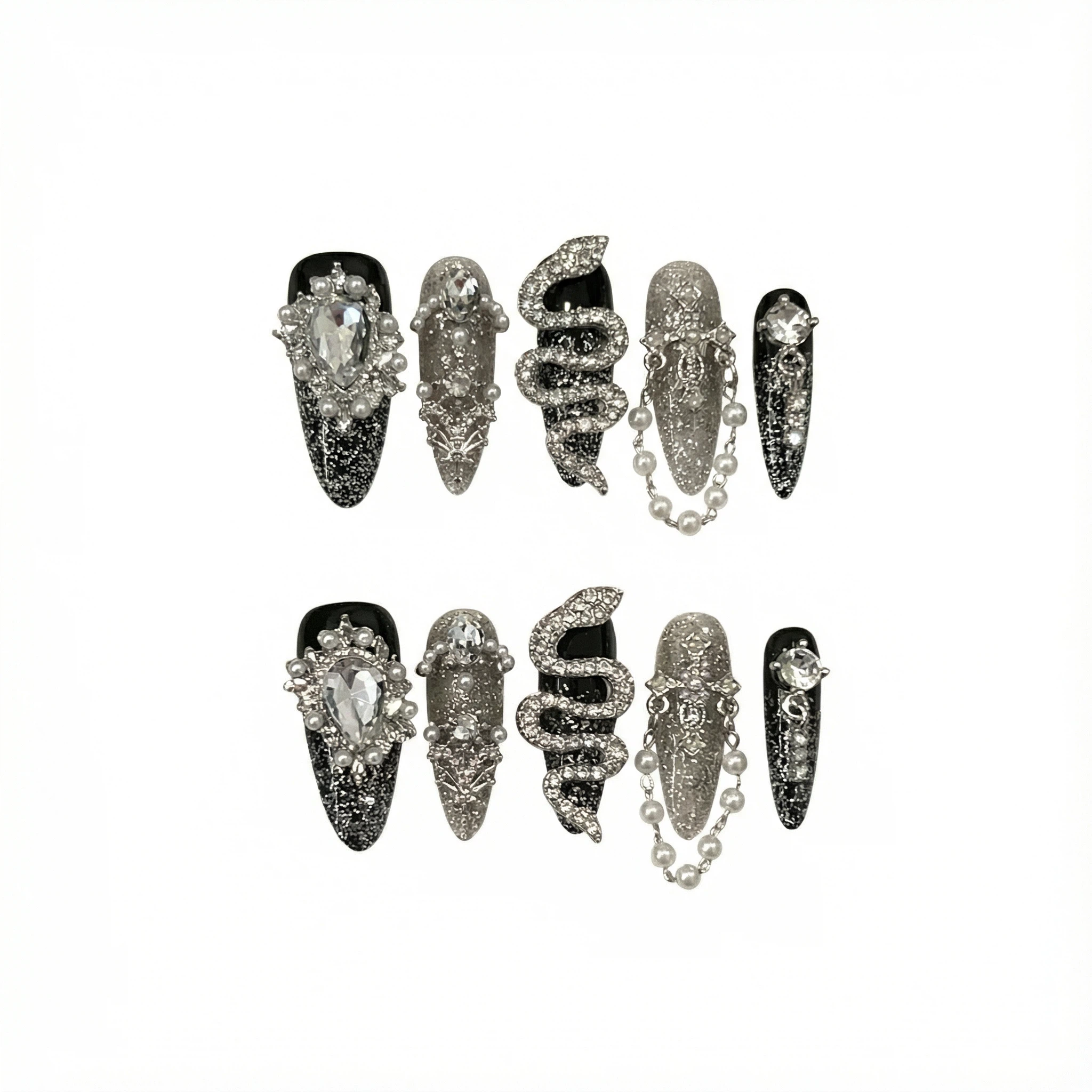 Black silver zebra glitter press-on nails set layout showing multiple sizes (XS/S/M/L)