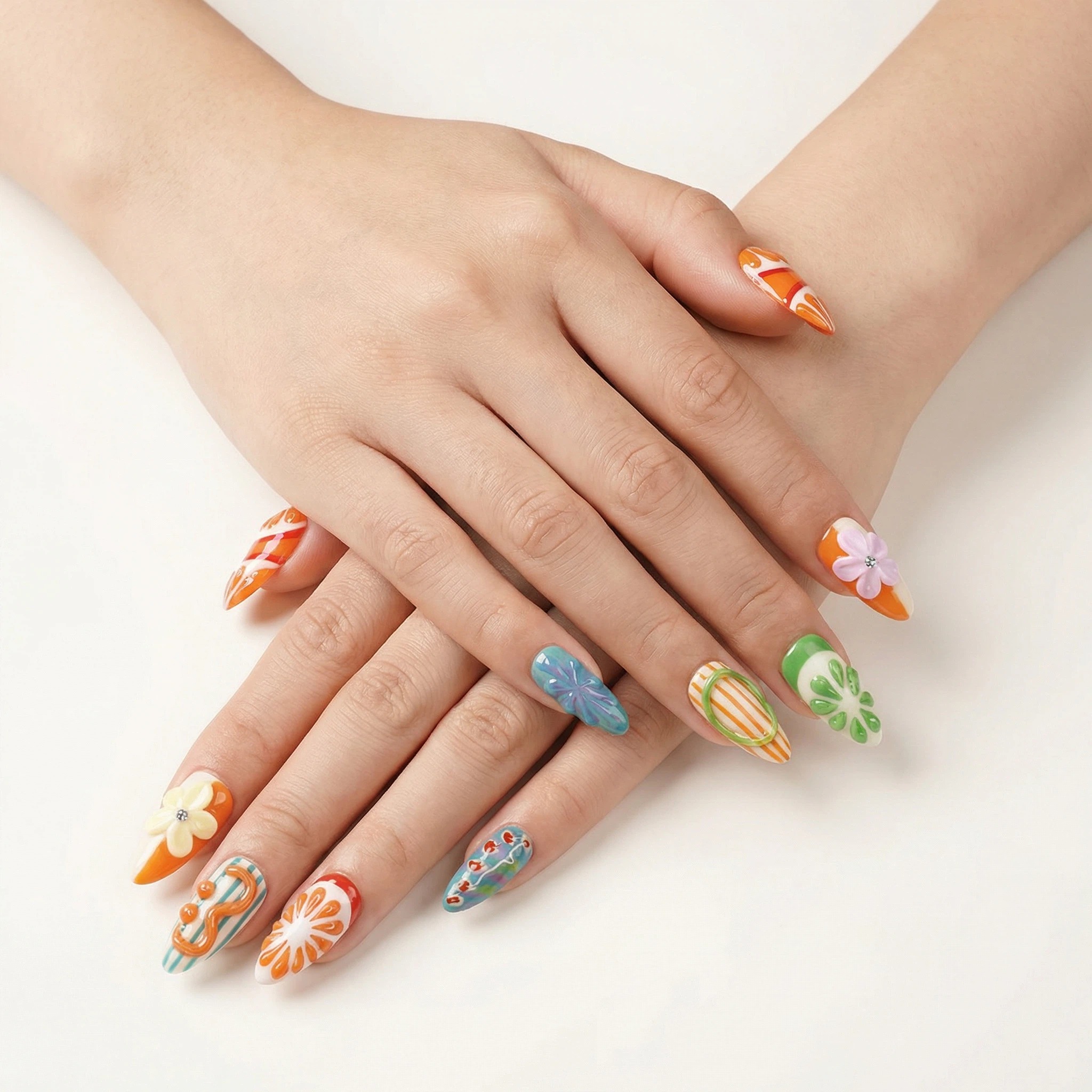 Model hands wearing colorful citrus press-on nails with 3D flowers, beachy summer style
