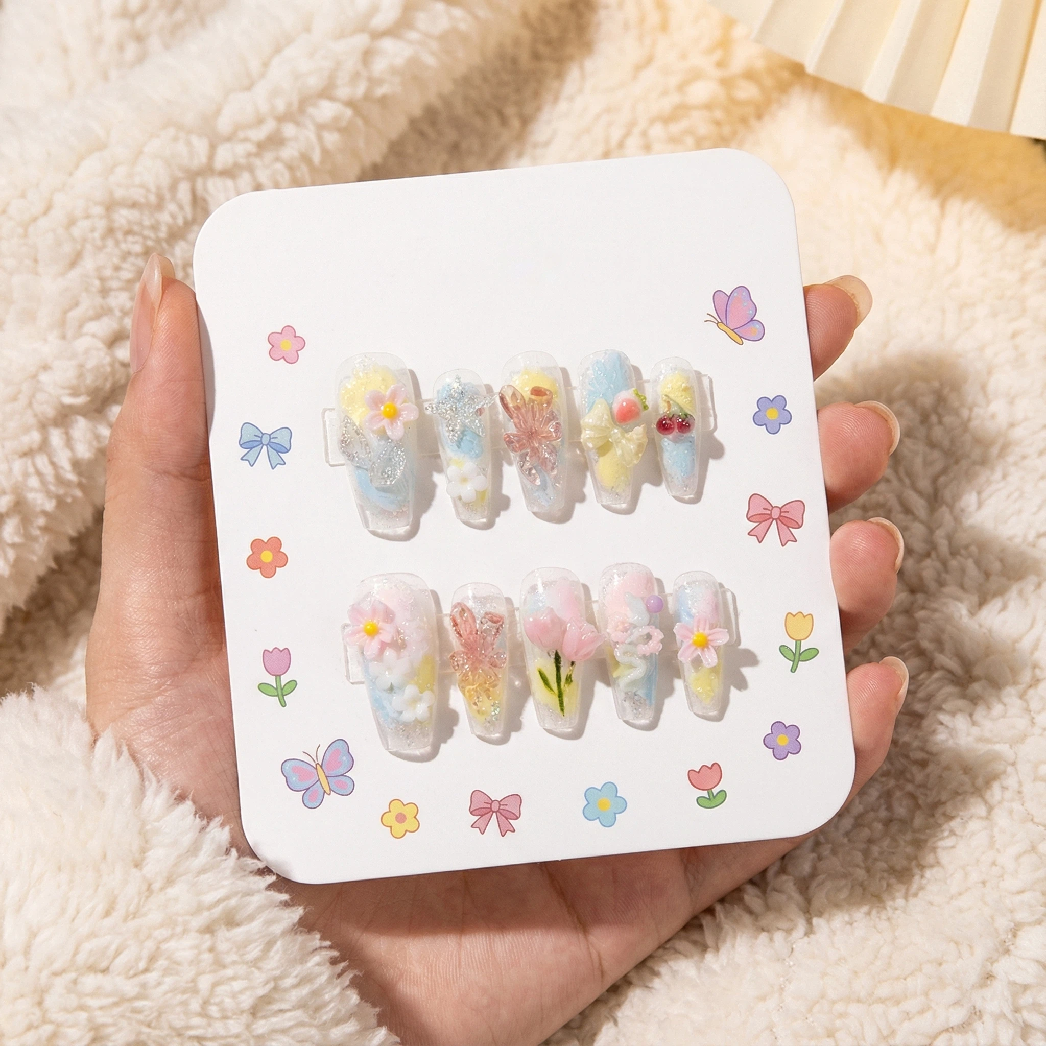 Pastel 3D floral press on nails set with dreamy blue pink gradient and handmade kawaii flower charms