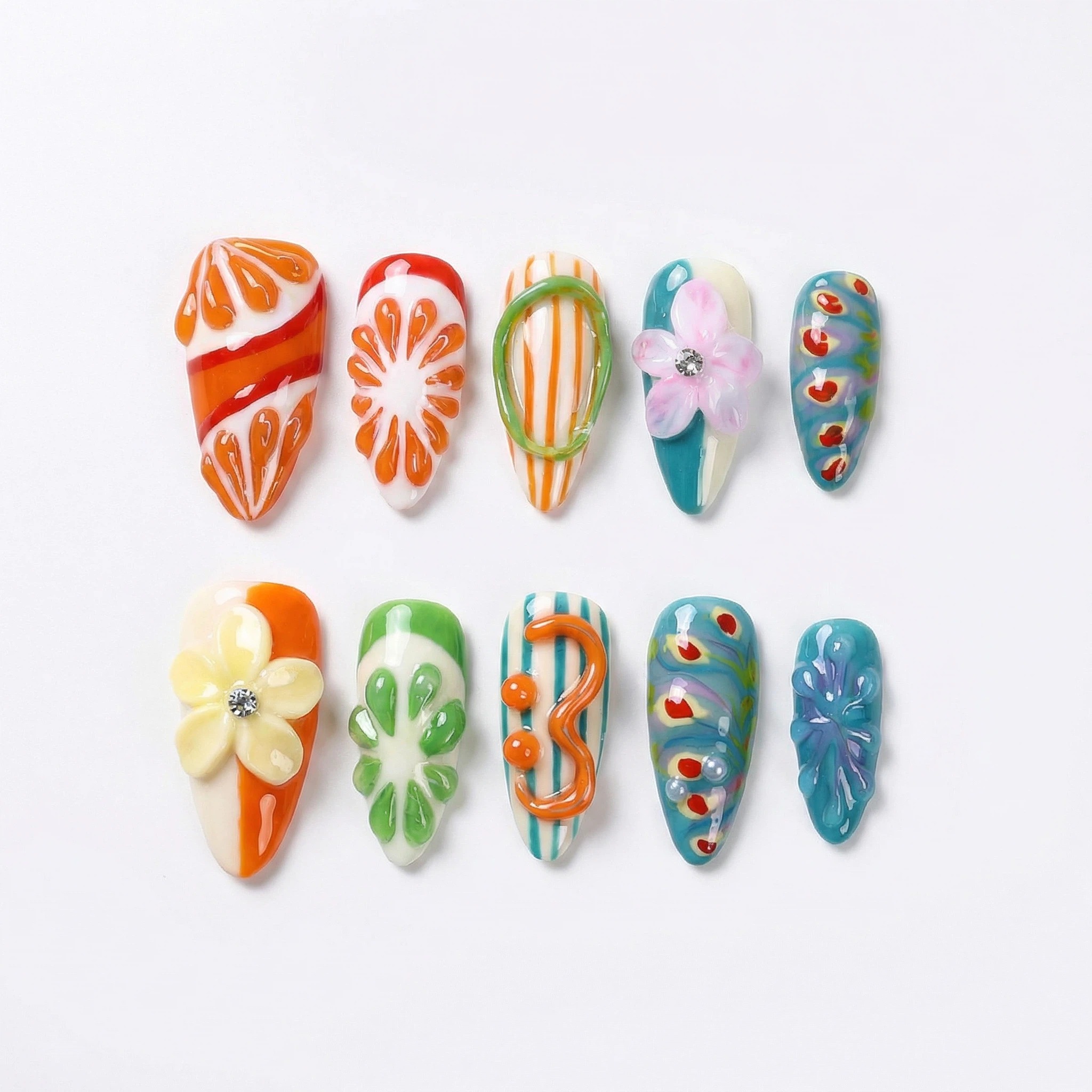 Citrus floral press-on nails sizes S and M, full set layout