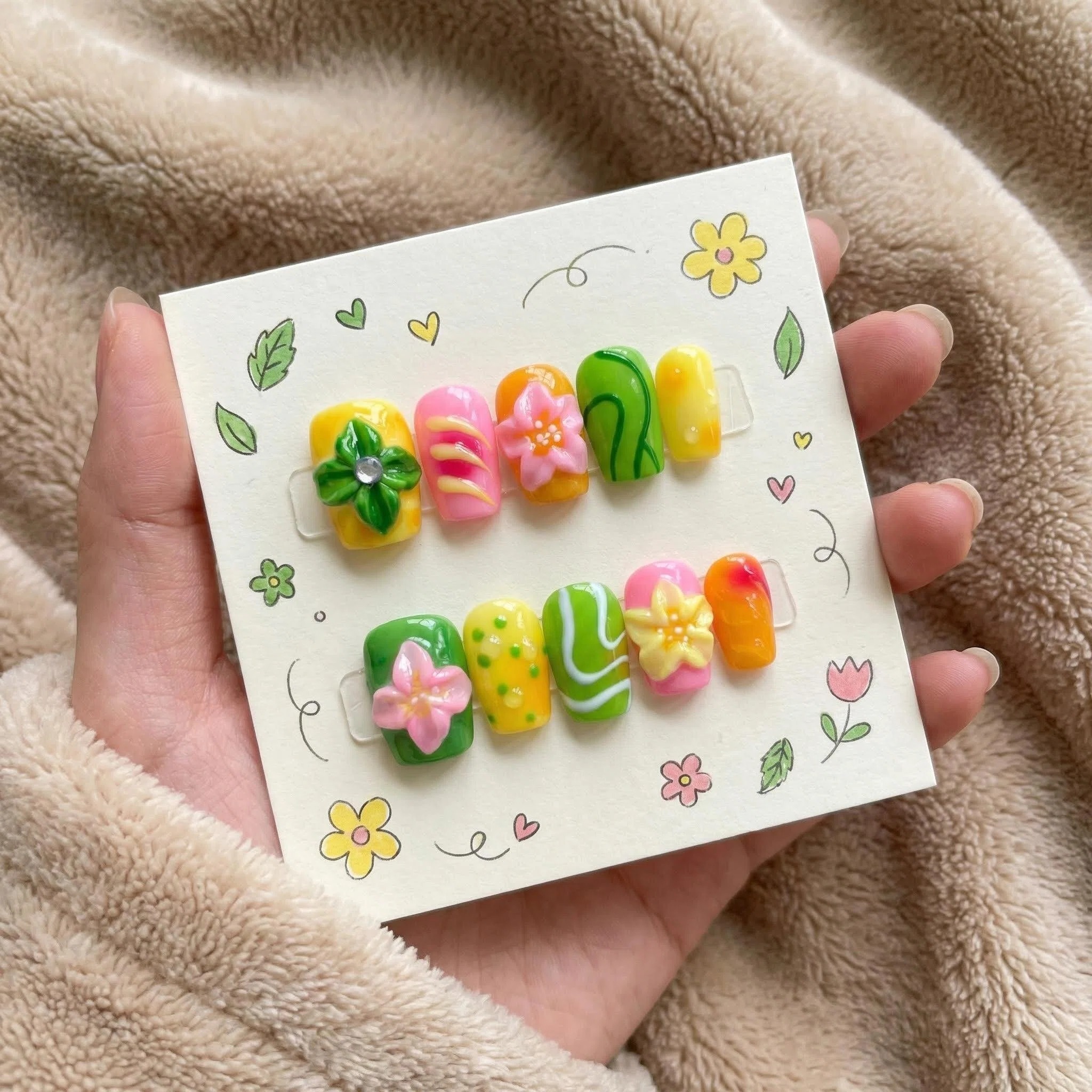 Bright green and yellow press-on nails with 3D flowers and swirl art on display card, spring summer set