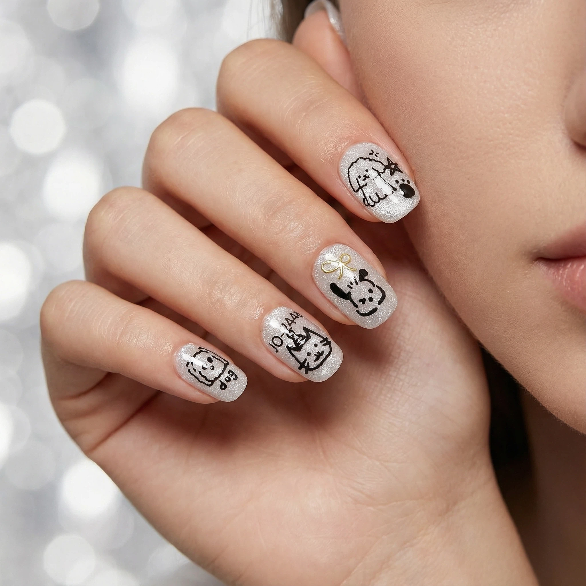 Kawaii cat face press-on nails, short round style, clean monochrome nail design