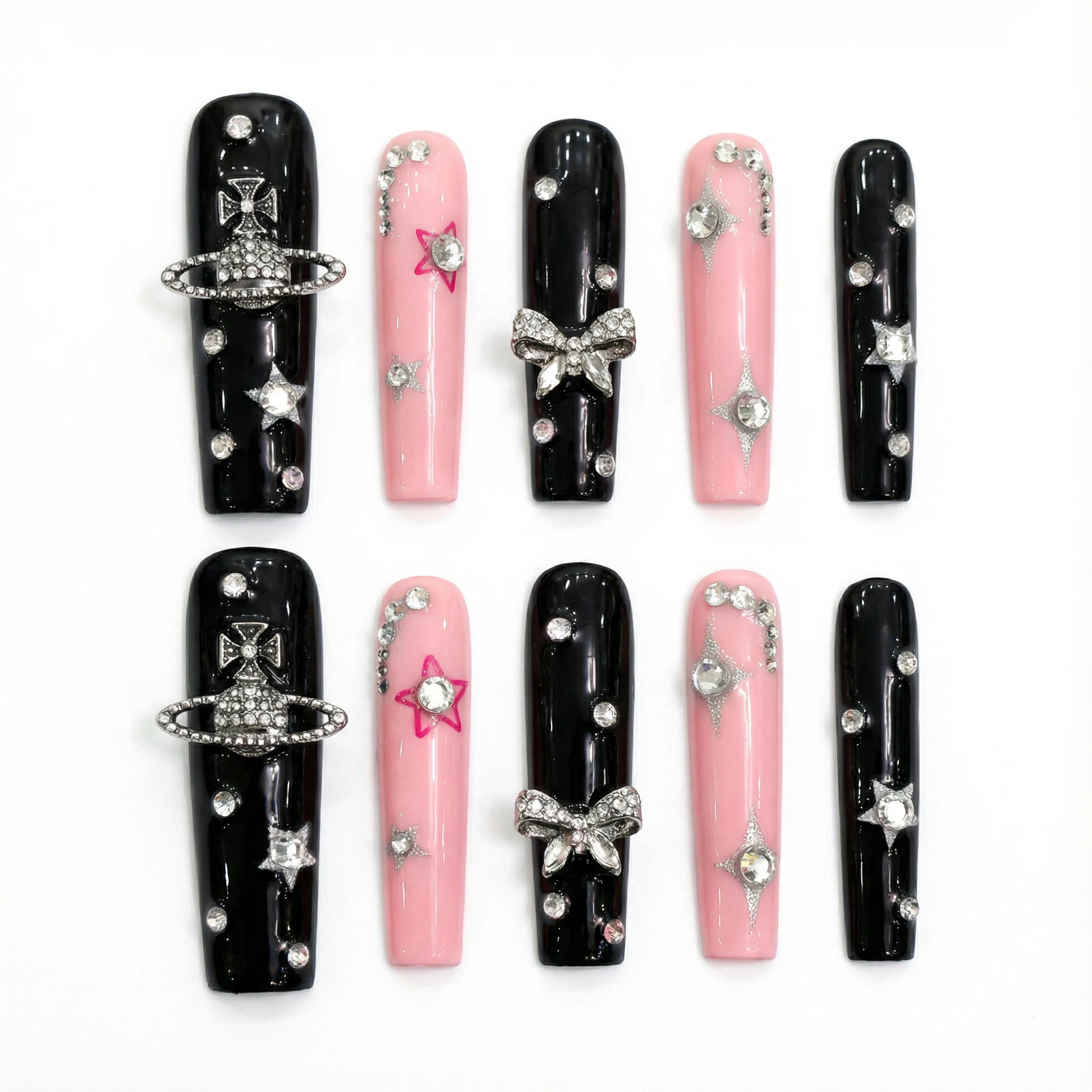 Press-on nails size chart showing XS S M L options for black and pink gothic cross coffin nail set