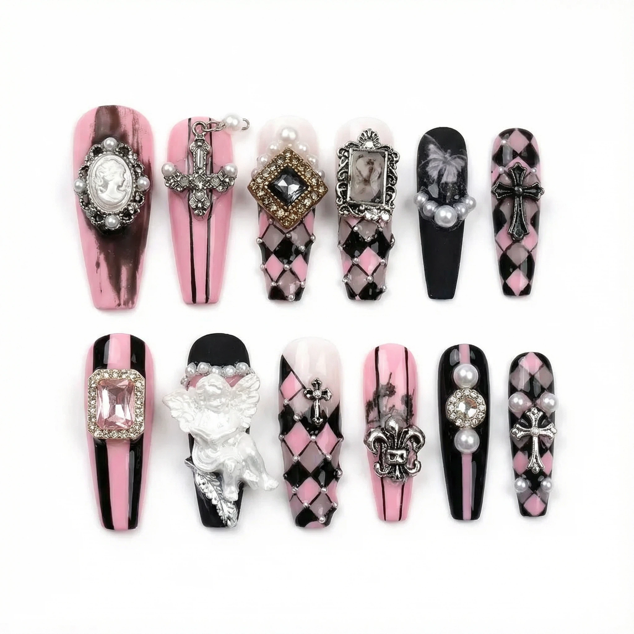Full set of pink and black press-on nails, mixed designs with gems, pearls and metallic accents
