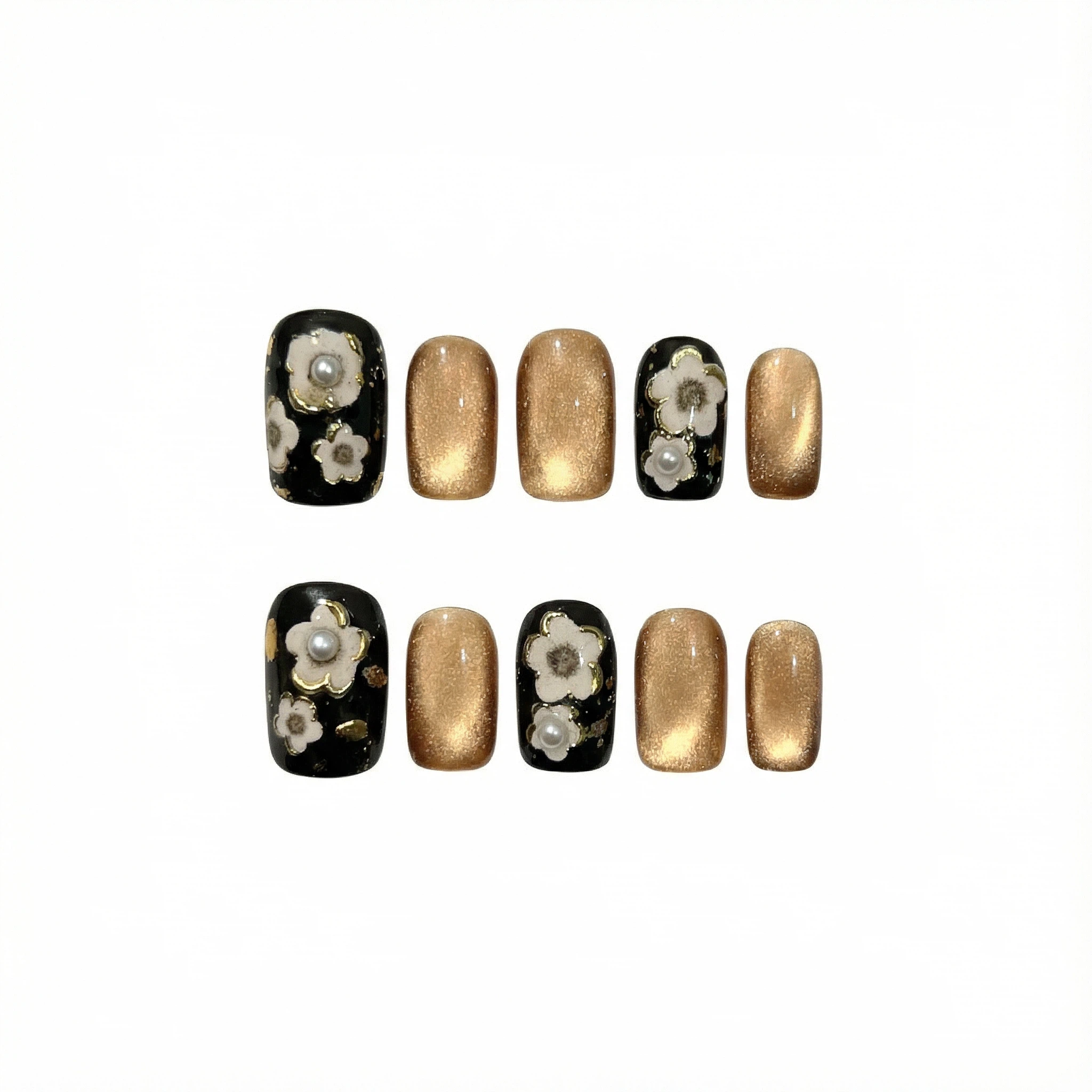 10-piece black and gold daisy press-on nails set, reusable manicure kit