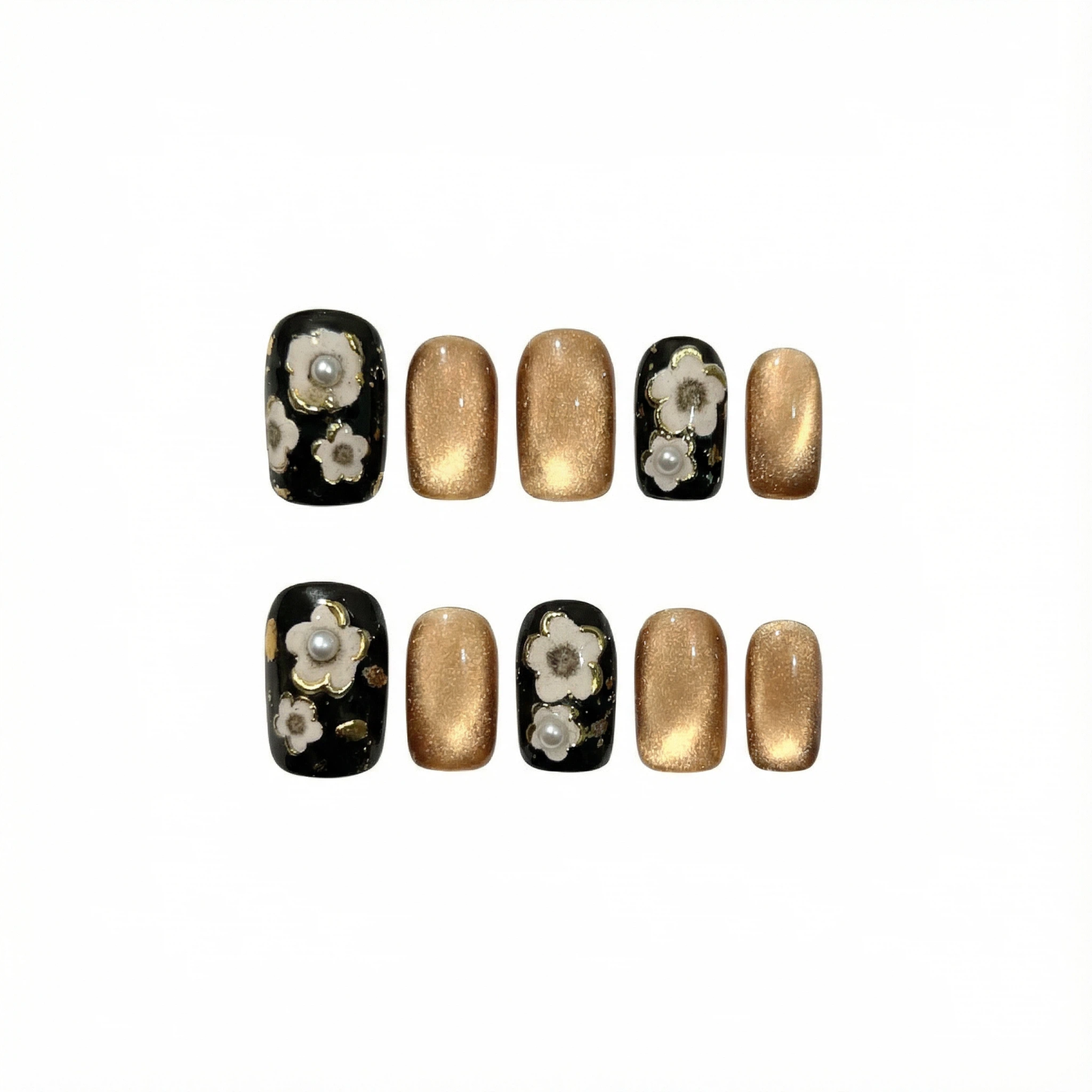 Short square black and gold press-on nails with flower and pearl accent layout