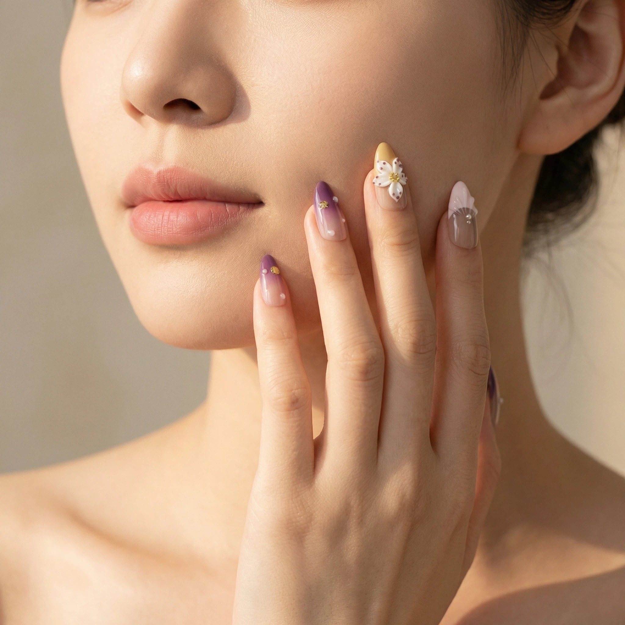 Model wearing soft purple ombré press-on nails with dainty floral accent design