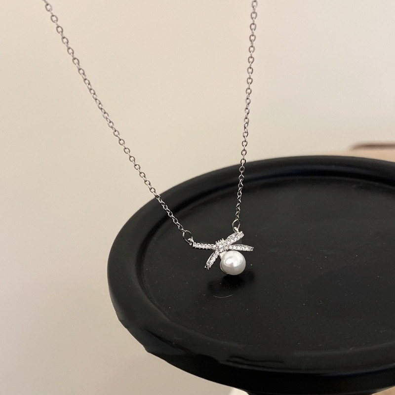 Silver Bow Faux Pearl Pendant Necklace