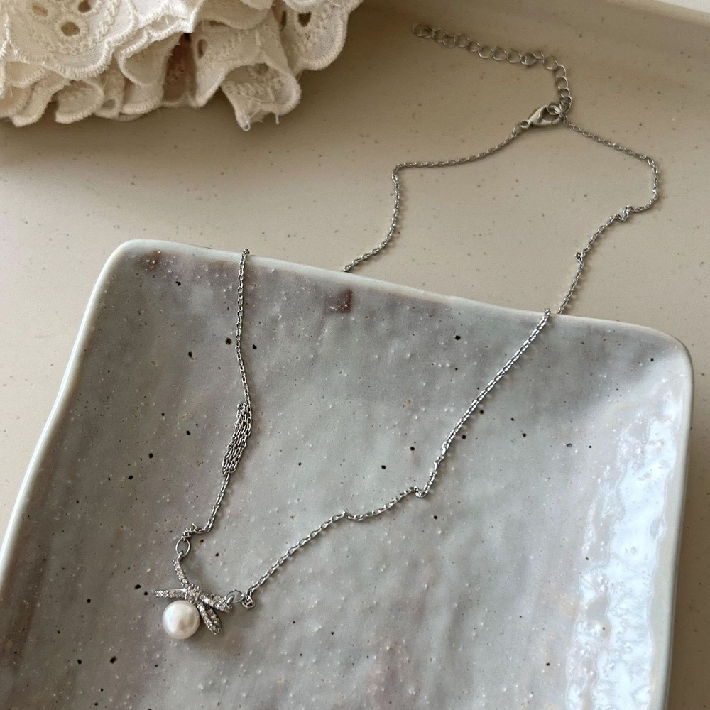 Silver Bow Faux Pearl Pendant Necklace