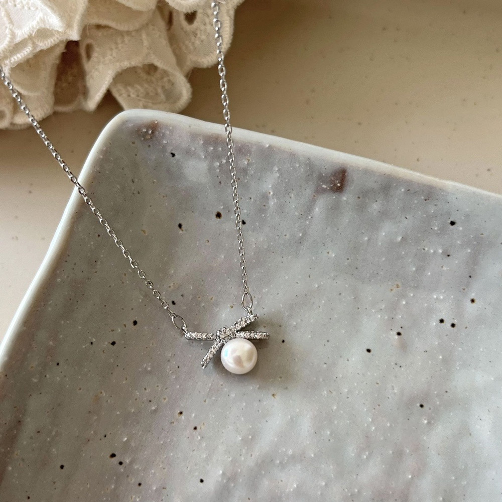 Silver Bow Faux Pearl Pendant Necklace