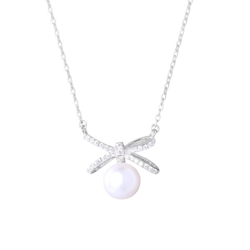 Silver Bow Faux Pearl Pendant Necklace