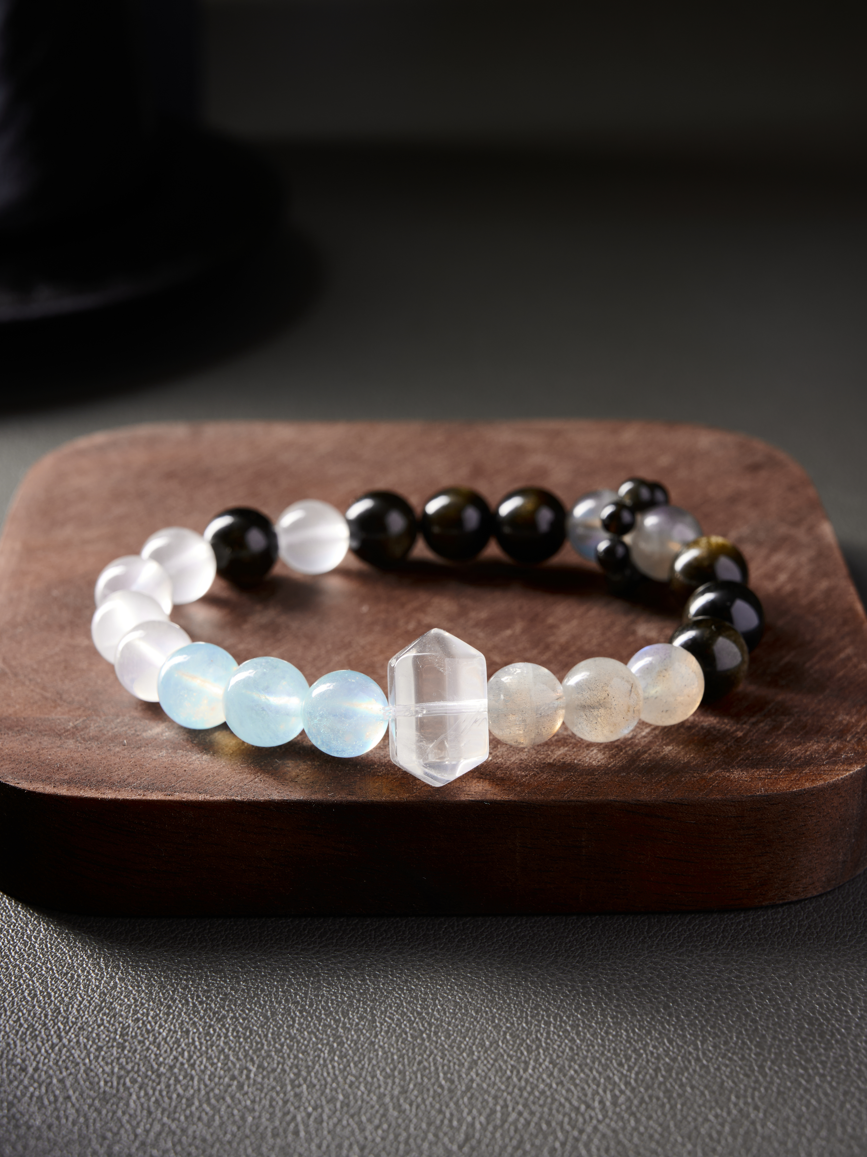 AvigJewelry grey moonstone and obsidian handcrafted bracelet, elastic 16–18 cm
