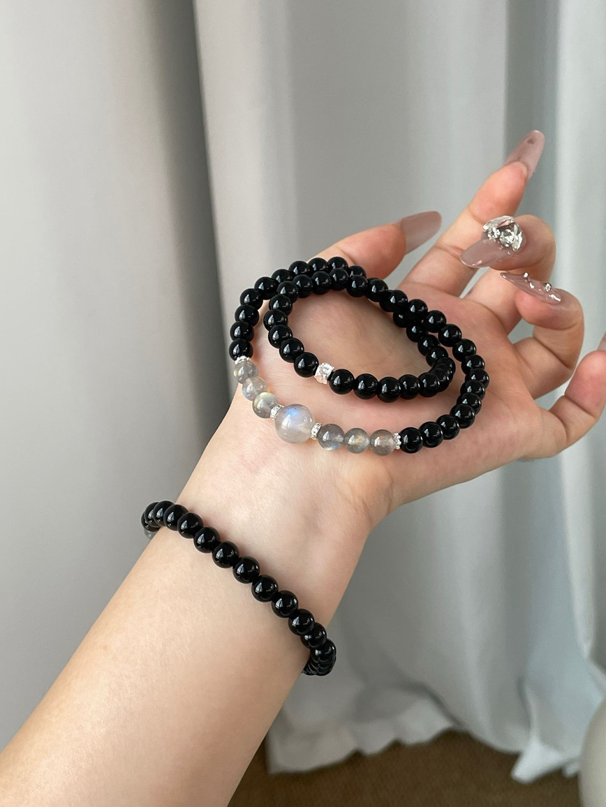 Double bracelet combination of Obsidian and Gray Moonstone