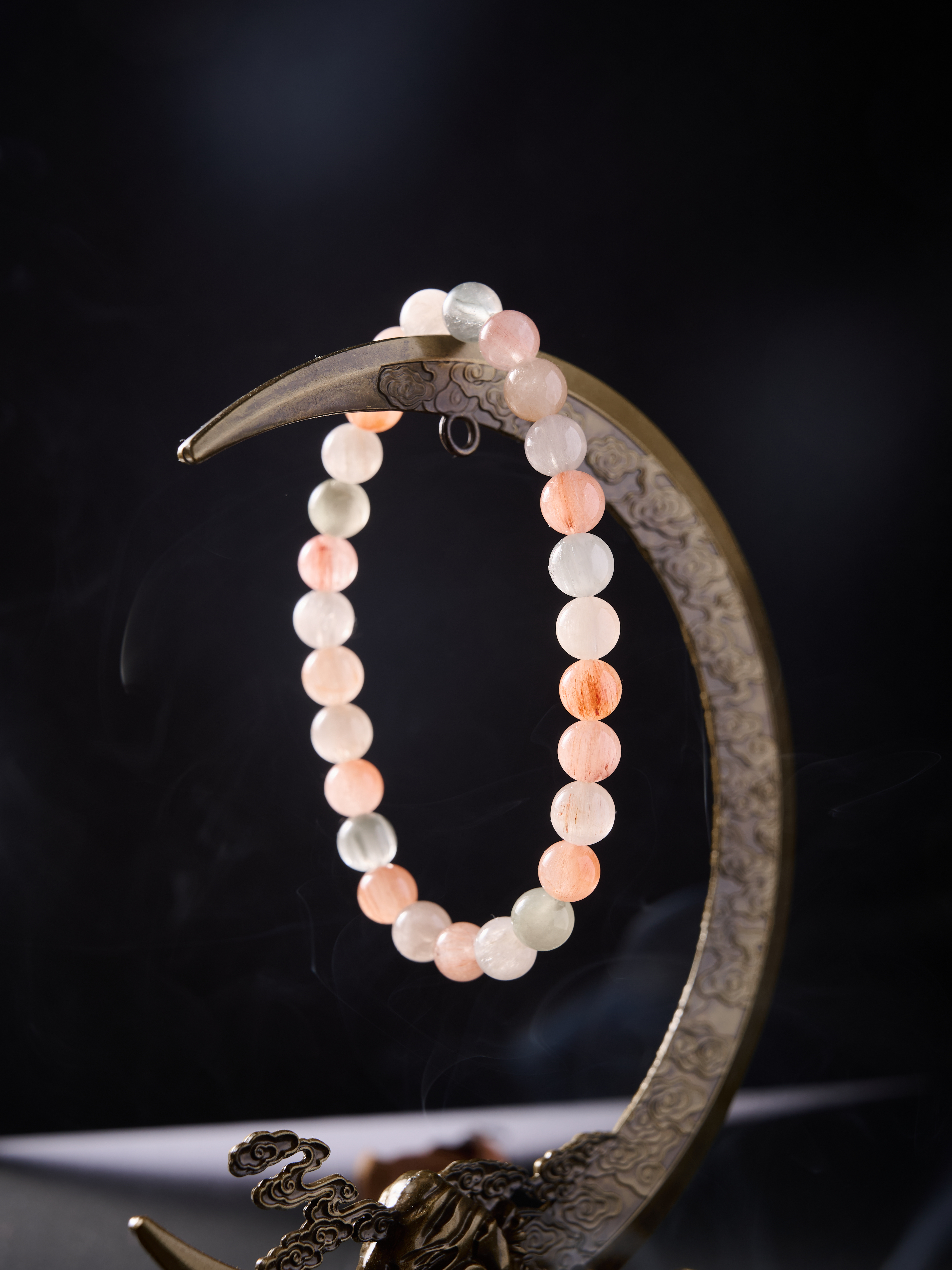 Side angle view – elastic cord design, evenly matched beads, handmade crystal bracelet.