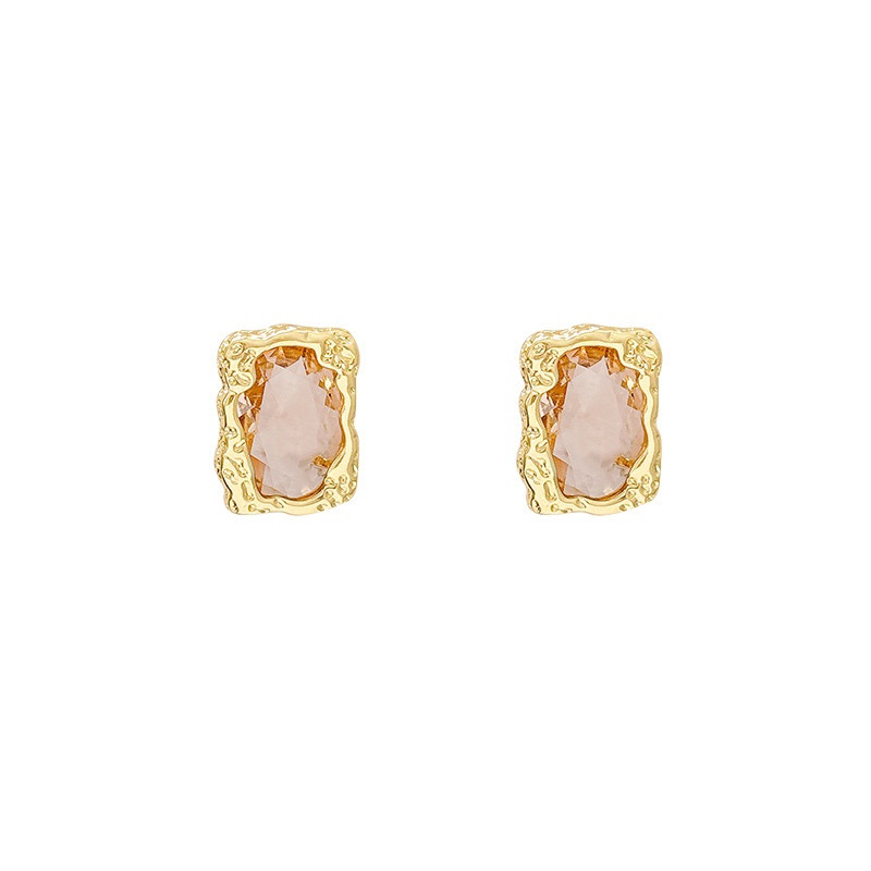Gold rectangular rhinestone stud earrings white background E6818
