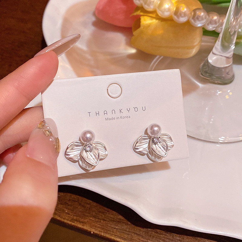 Silver Pearl Floral Stud Earrings