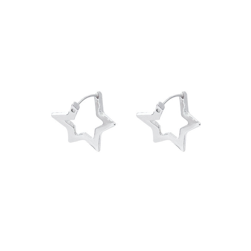 Silver open star hoop earrings on white background