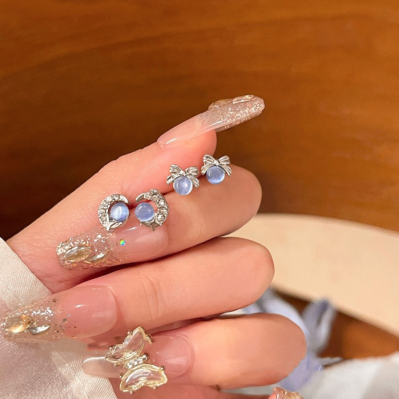 Petite blue cat eye moon stud earrings