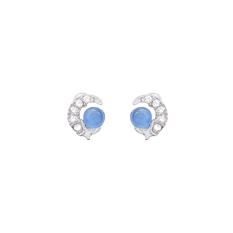 Blue Cat Eye Bow & Moon Stud Earrings