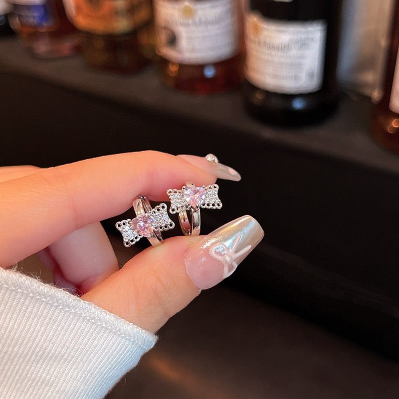 Pink Zircon Bow Hoop Earrings Close-Up