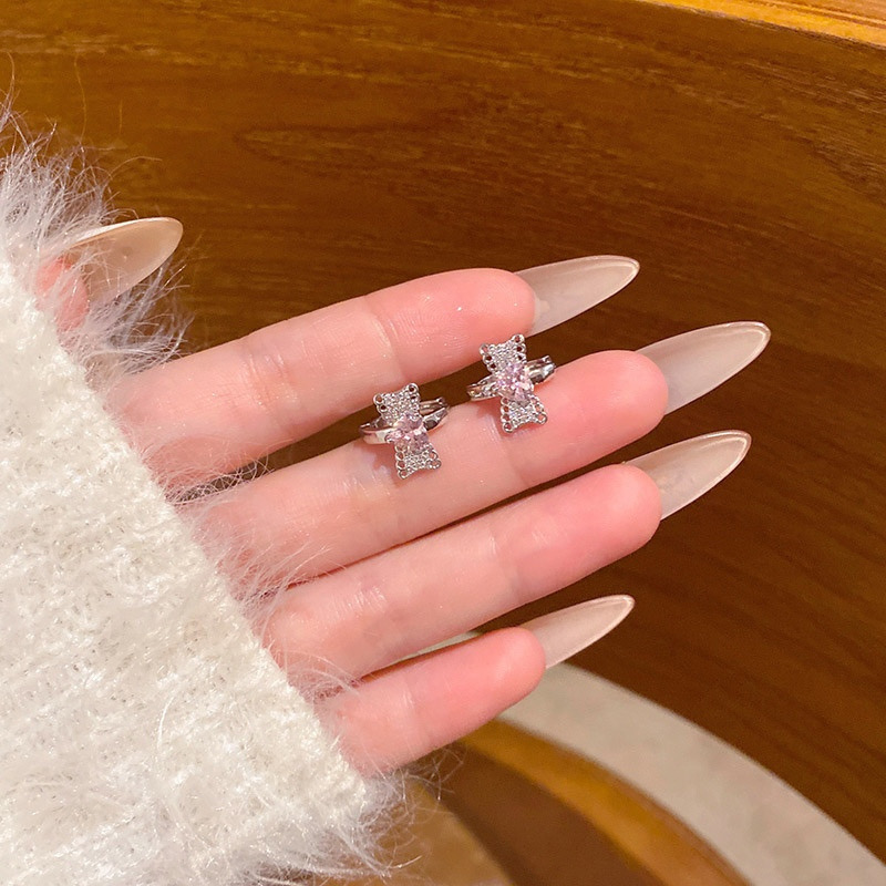 Silver Pink Zircon Bow Hoop Earrings