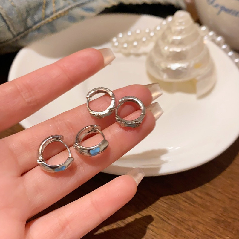 Silver blue butterfly hoop earrings front and back view