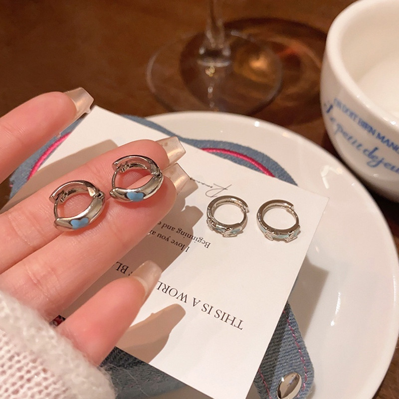Silver blue butterfly hoop earrings multiple angles