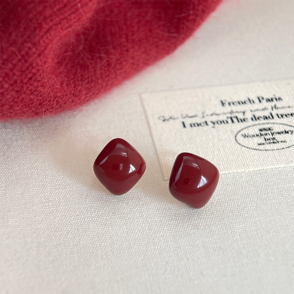 Glossy burgundy square enamel stud earrings