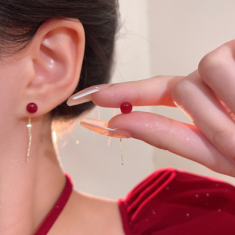 Burgundy Bead Threader Earrings Worn on Ear