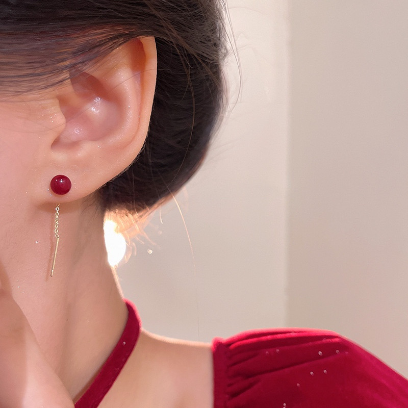 Burgundy Bead Threader Earrings on Ear