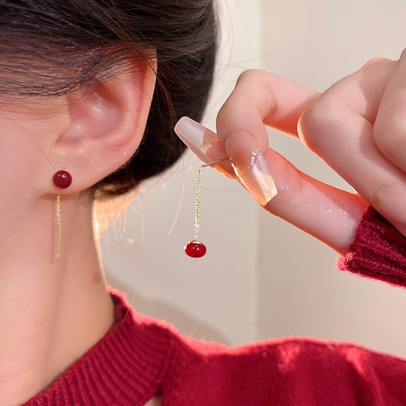Burgundy Bead Threader Earrings with Gold Chain