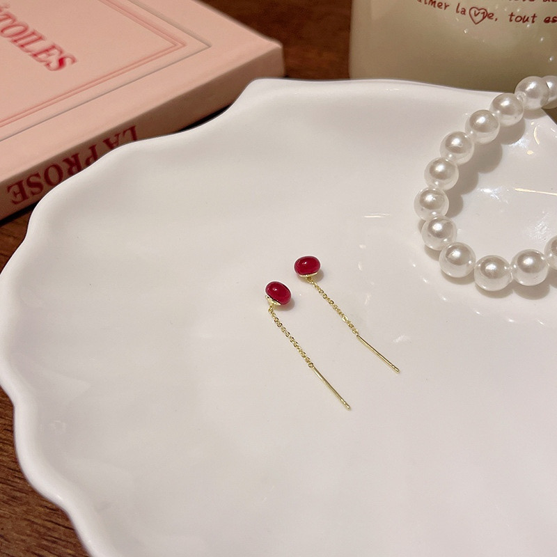 Burgundy Bead Threader Earrings Product Display