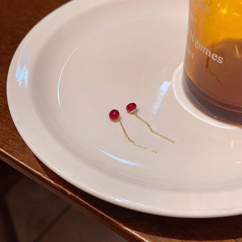 Burgundy Bead Threader Earrings Flat Lay