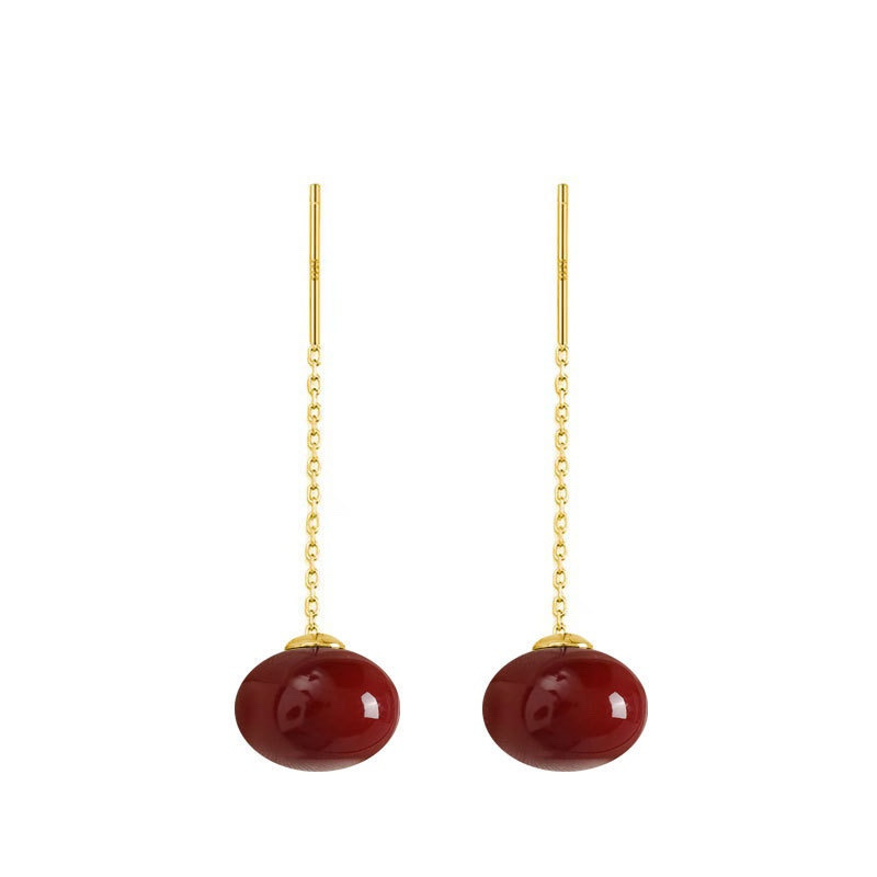 Burgundy Bead Threader Earrings on White Background