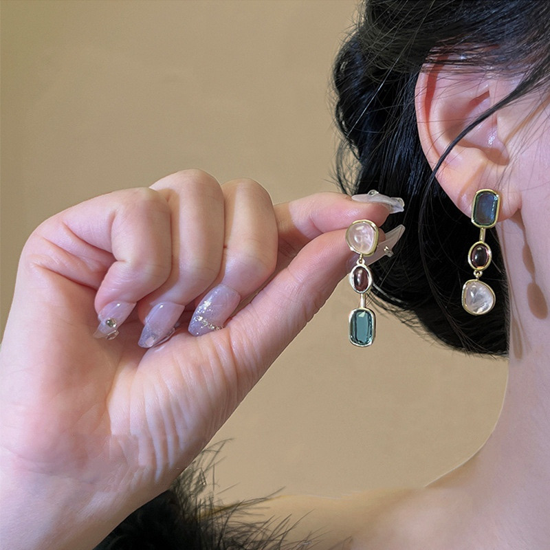 Multicolor Resin Asymmetric Drop Earrings on Model