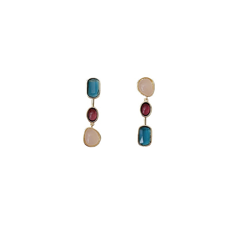 Multicolor Resin Asymmetric Drop Earrings on White Background