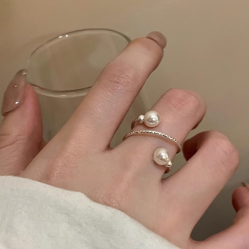 Silver Double Pearl Spiral Open Ring on Hand