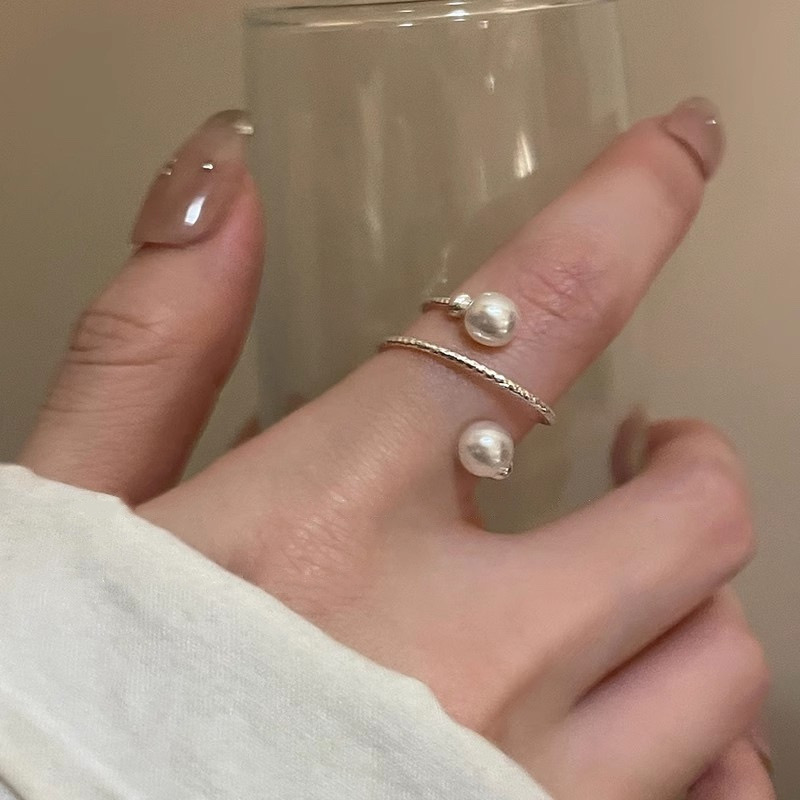 Silver Pearl Adjustable Open Ring Worn on Finger