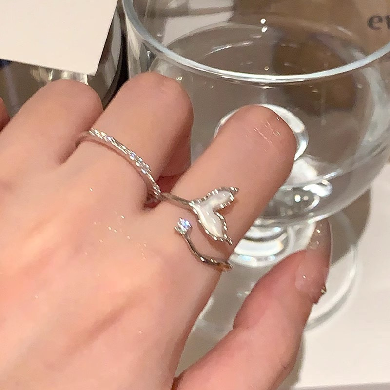 Silver Whale Tail Ring with White Inlay Detail