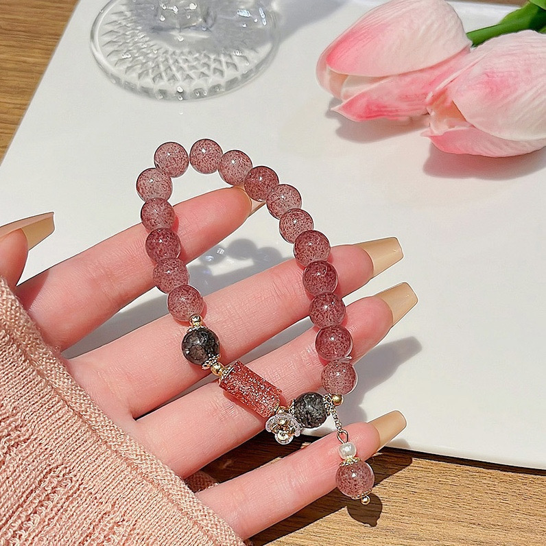 Pink Crystal Beaded Bracelet with Pearl and Charm Details