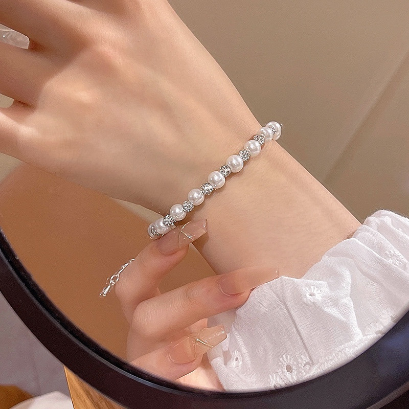  White Pearl Adjustable Bracelet Styled on Wrist