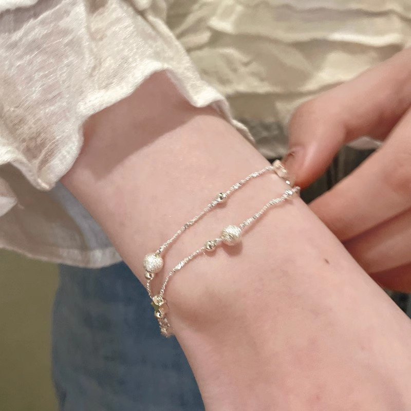 Silver Textured Bead Double Strand Bracelet Close Up