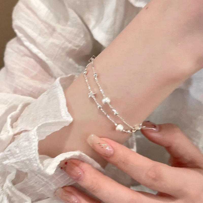 Silver Double Layer Beaded Bracelet Side View