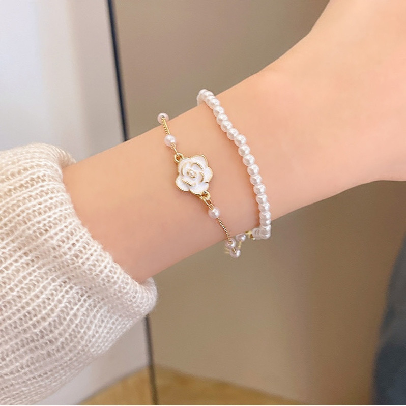 White Faux Pearl Floral Bracelet Lifestyle View