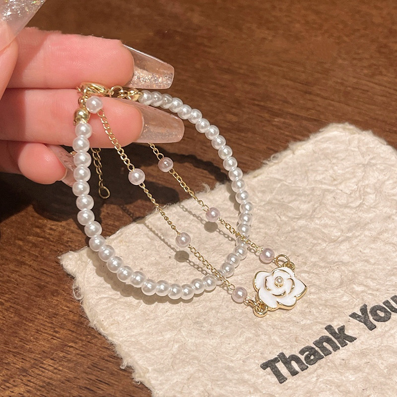 White Faux Pearl Floral Bracelet Detail View