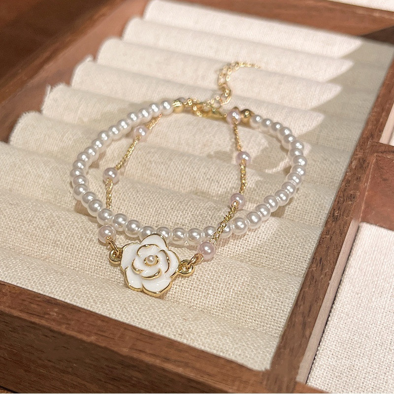 White Faux Pearl Floral Double Layer Bracelet