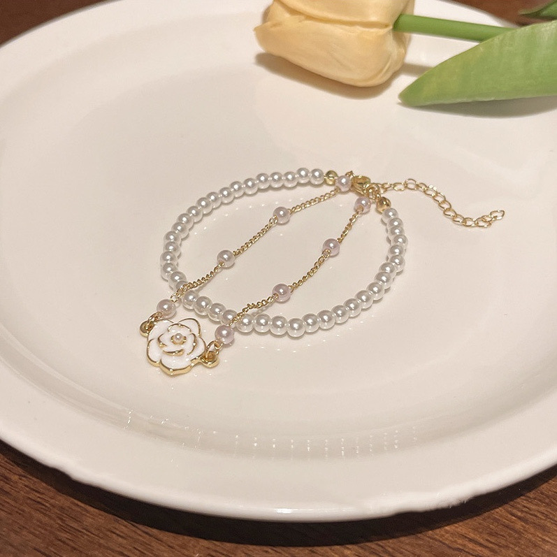 White Faux Pearl Double Layer Flower Bracelet